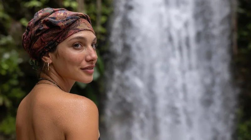 Young woman smiling in profile with wet skin near a waterfall in a lush jungle setting