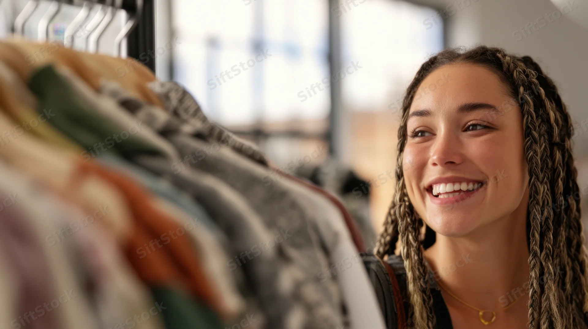 Young woman smiling while browsing clothing on a rack in a store