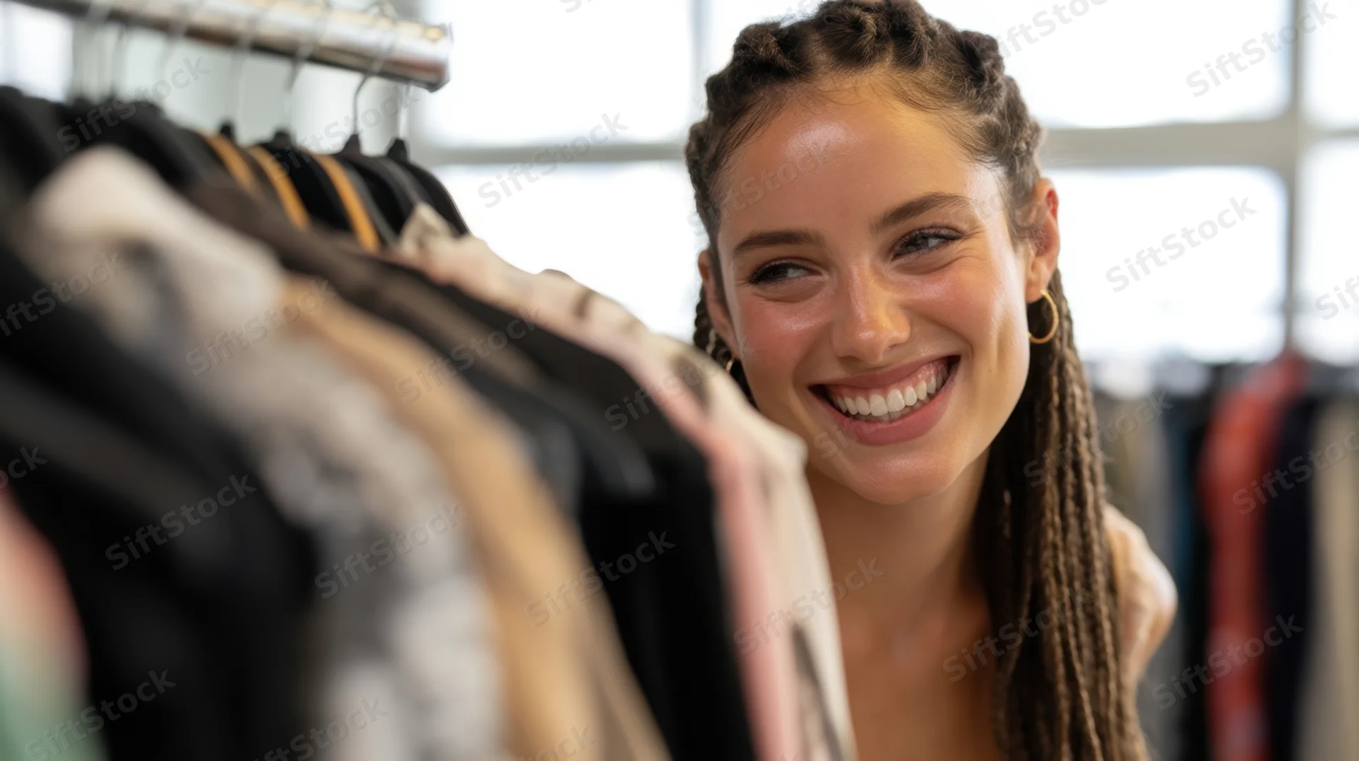 Young woman smiling beside a clothing rack in a boutique