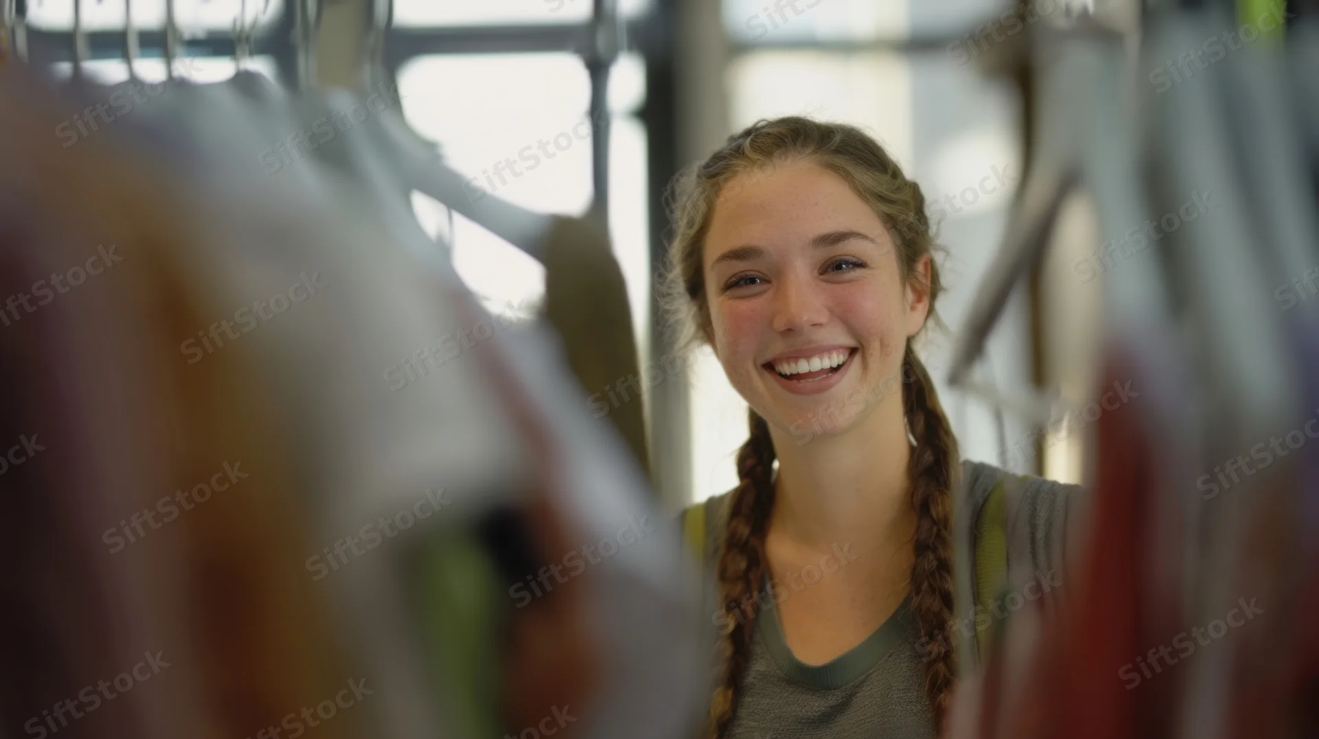 Young woman smiling through clothing rack in retail store