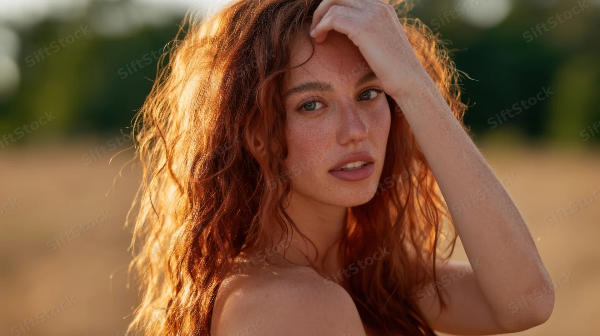Young woman with curly red hair touching her forehead in a sunlit field