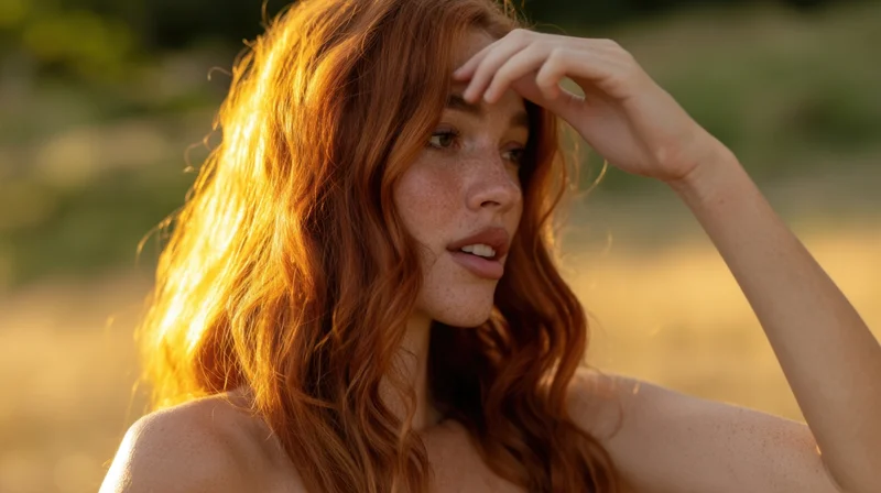 Young woman with red hair and freckles touching her forehead in a sunlit field