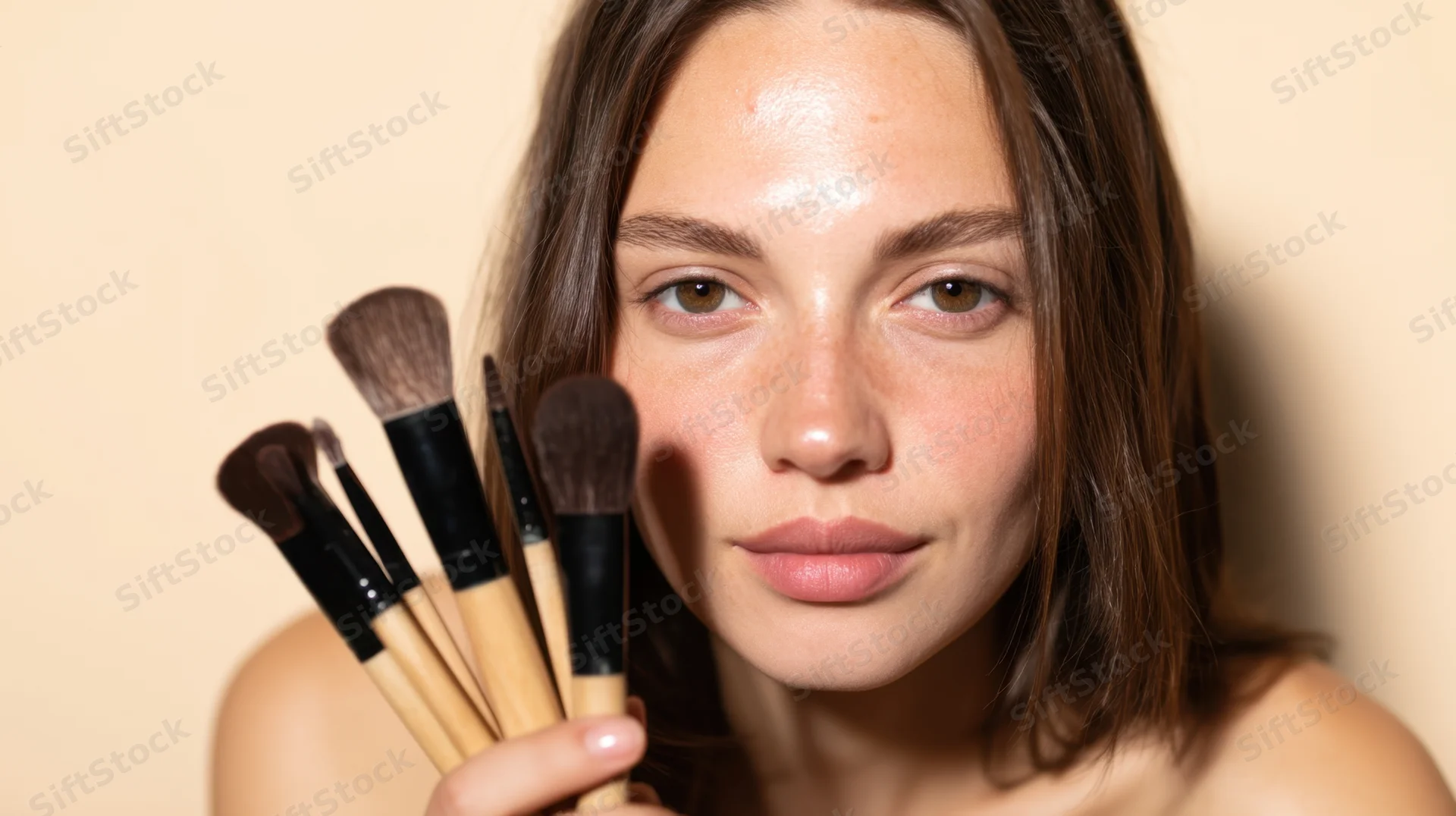 Young woman holding makeup brushes near her face in studio setting