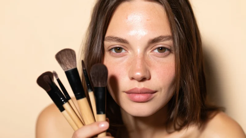 Young woman holding makeup brushes near her face in studio setting