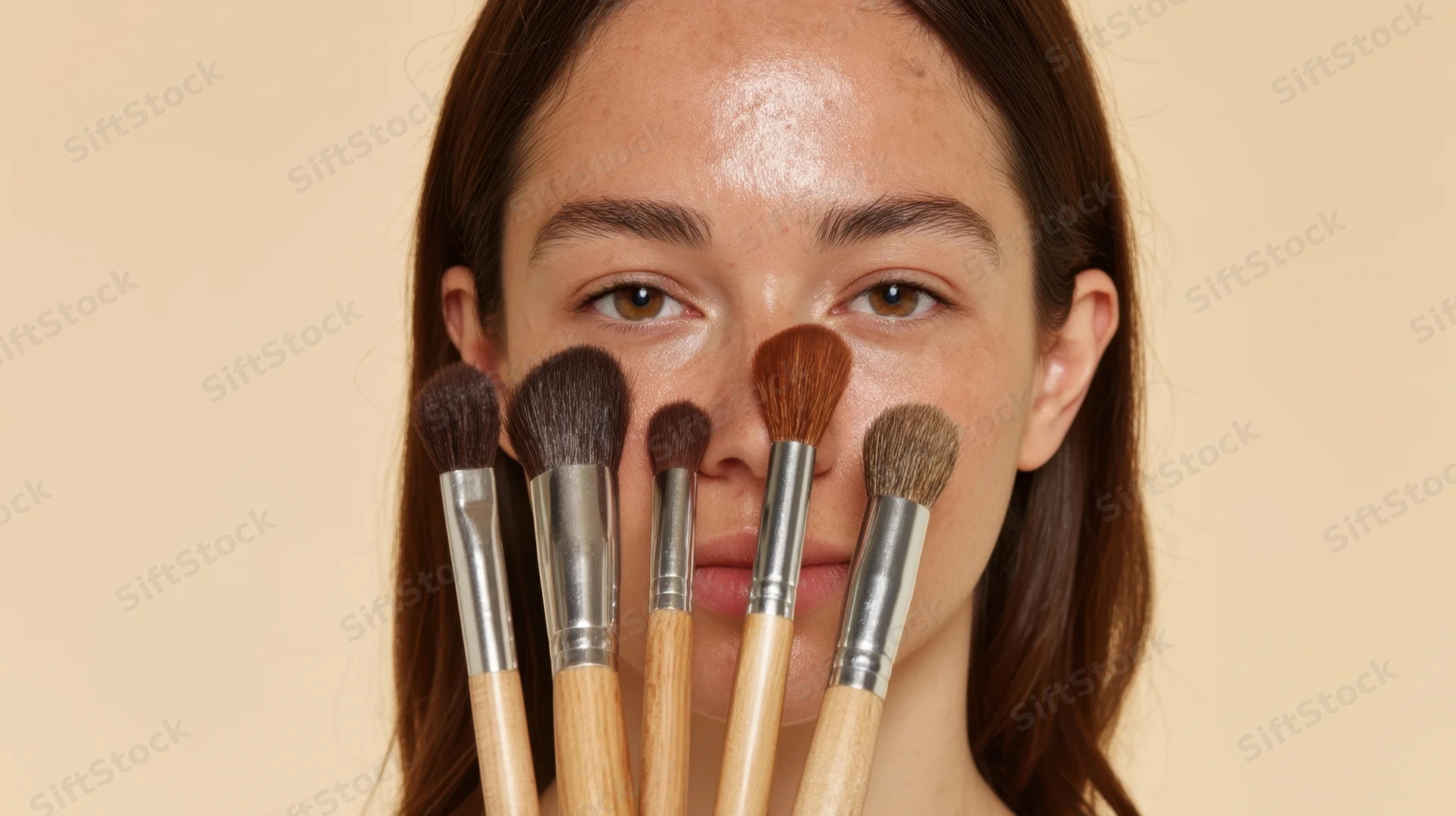 Young woman holding makeup brushes in front of her face in studio setting