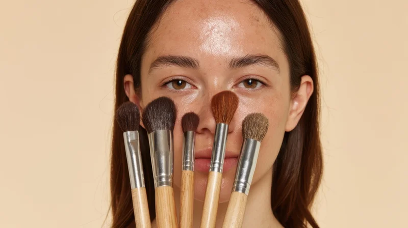 Young woman holding makeup brushes in front of her face in studio setting