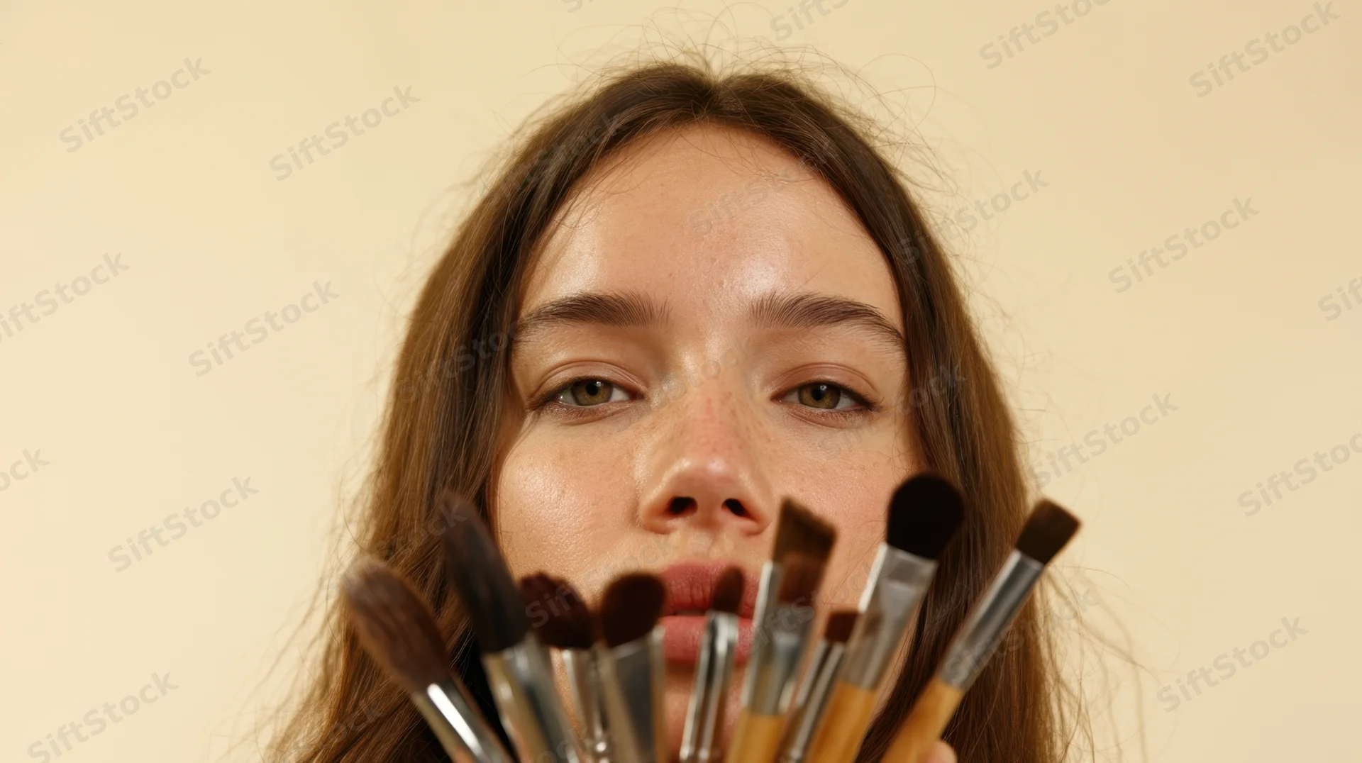 Young woman holding makeup brushes in front of her face against a plain background
