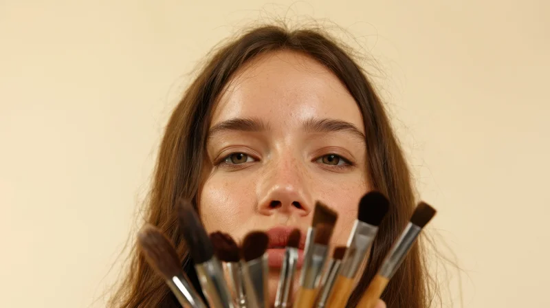Young woman holding makeup brushes in front of her face against a plain background