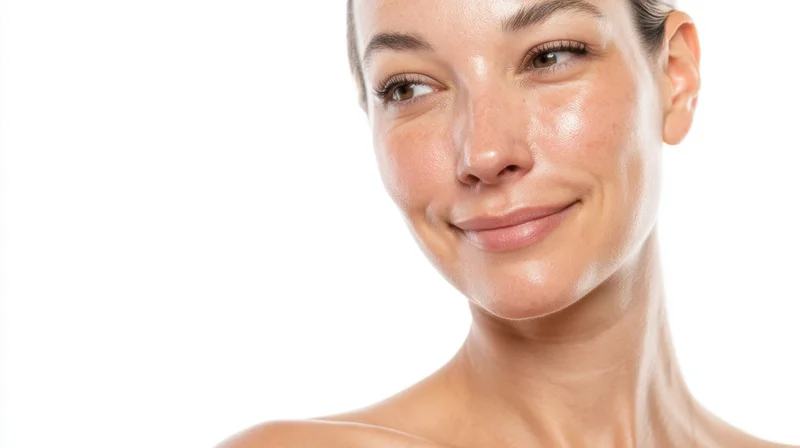 Young woman with radiant skin smiling softly in studio portrait with white background and copyspace