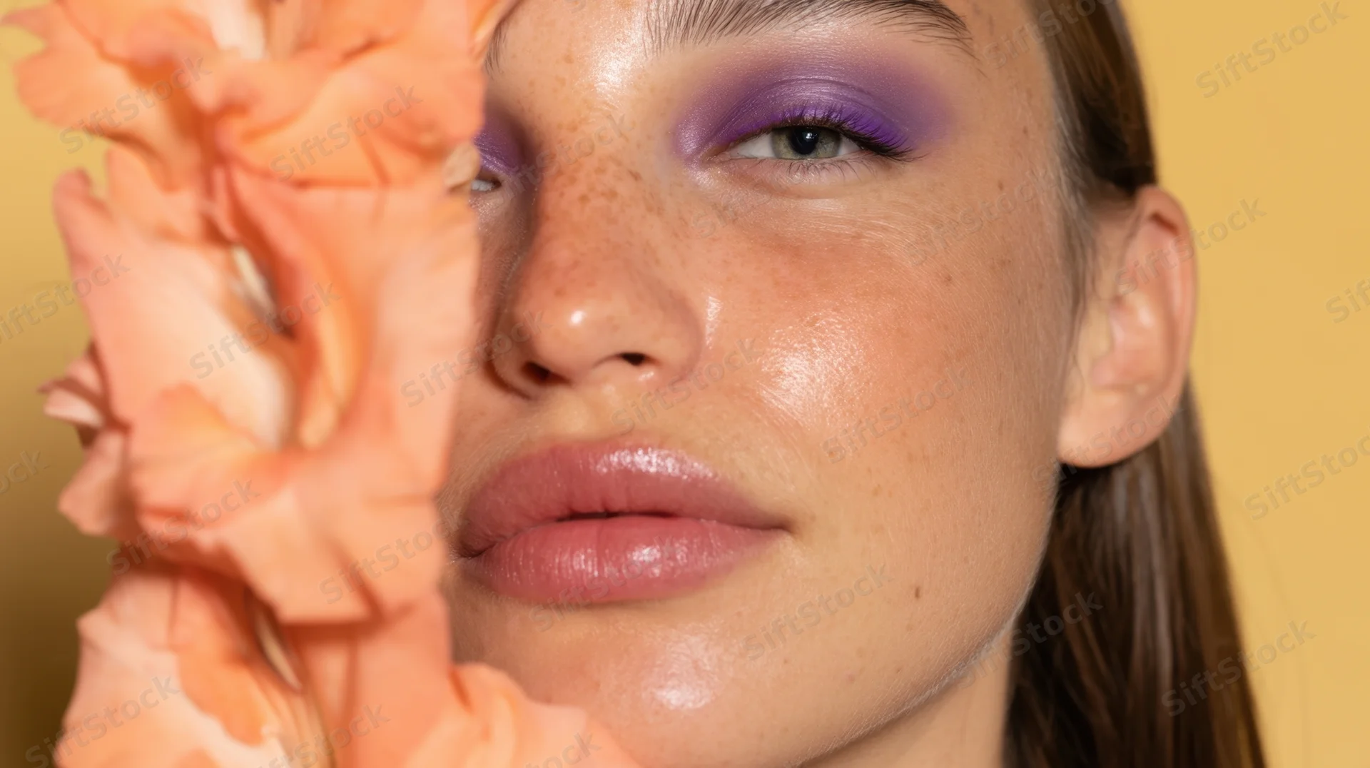 Young woman with purple eyeshadow and peach flower near her face in studio setting