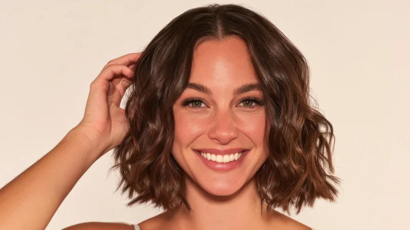 Young woman smiling with wavy brown hair, hand touching hair, studio portrait