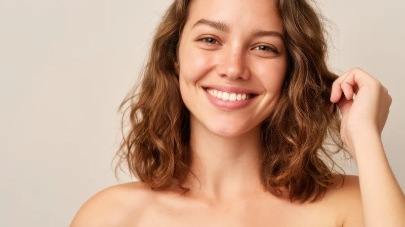 Young woman smiling with curly brown hair, touching strand, bare shoulders, studio portrait