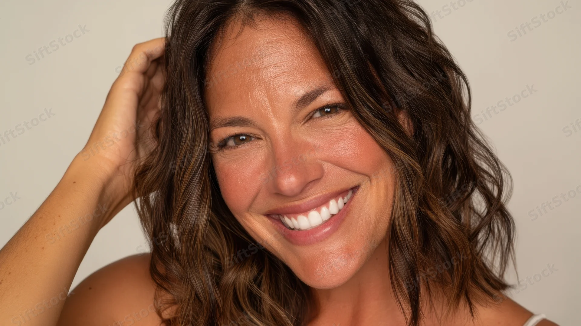 Smiling woman with wavy brown hair touching her head in a studio portrait