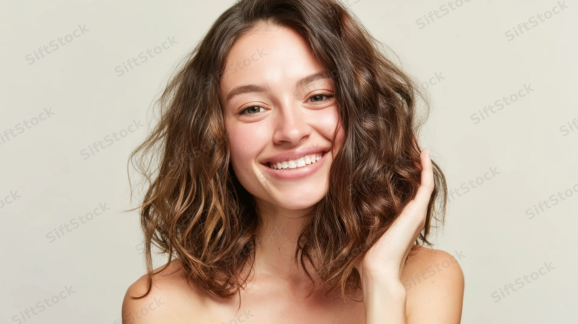 Young woman smiling with hand in her curly hair in studio portrait