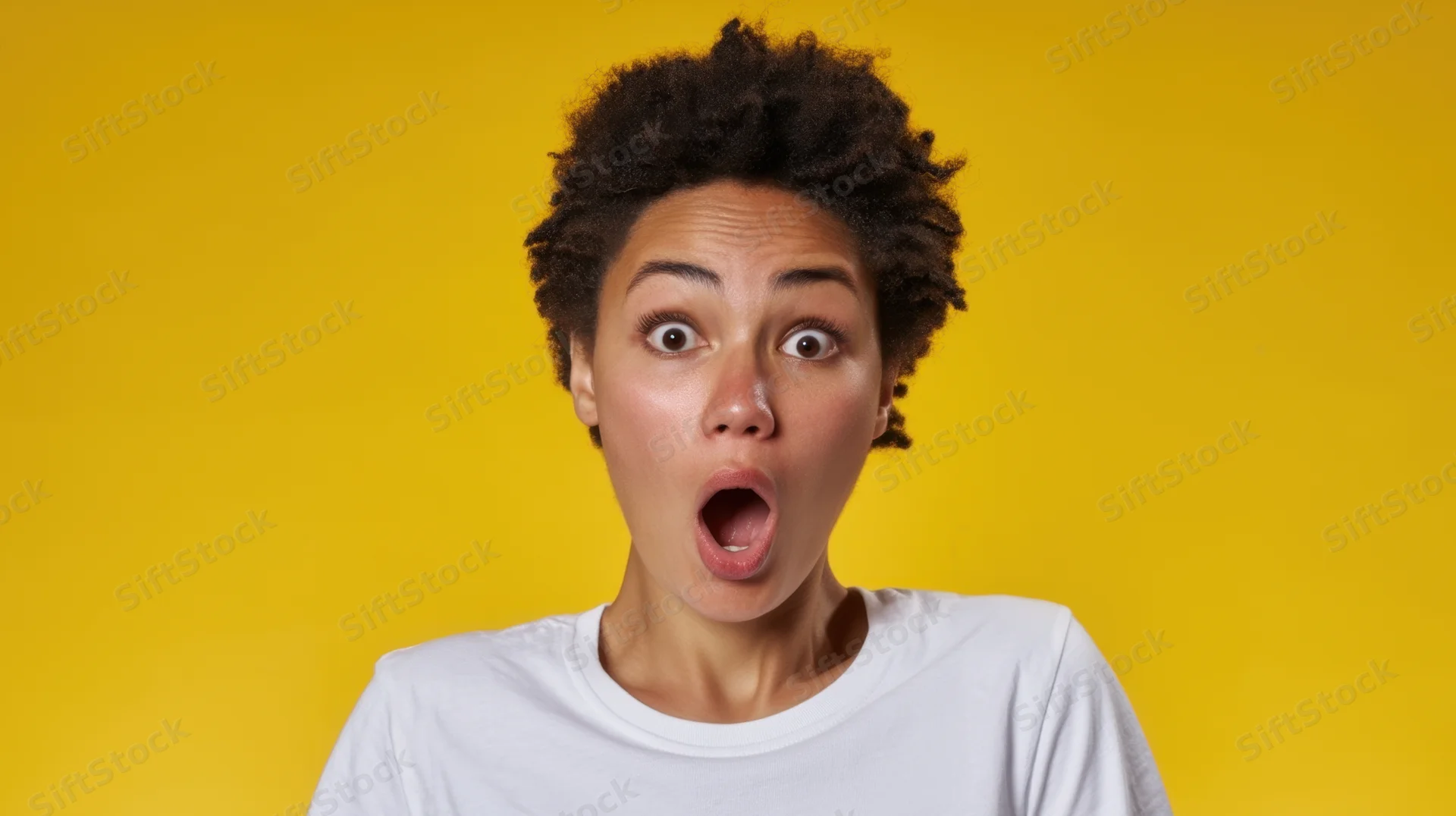 Young woman with wide eyes and open mouth showing surprise against yellow background