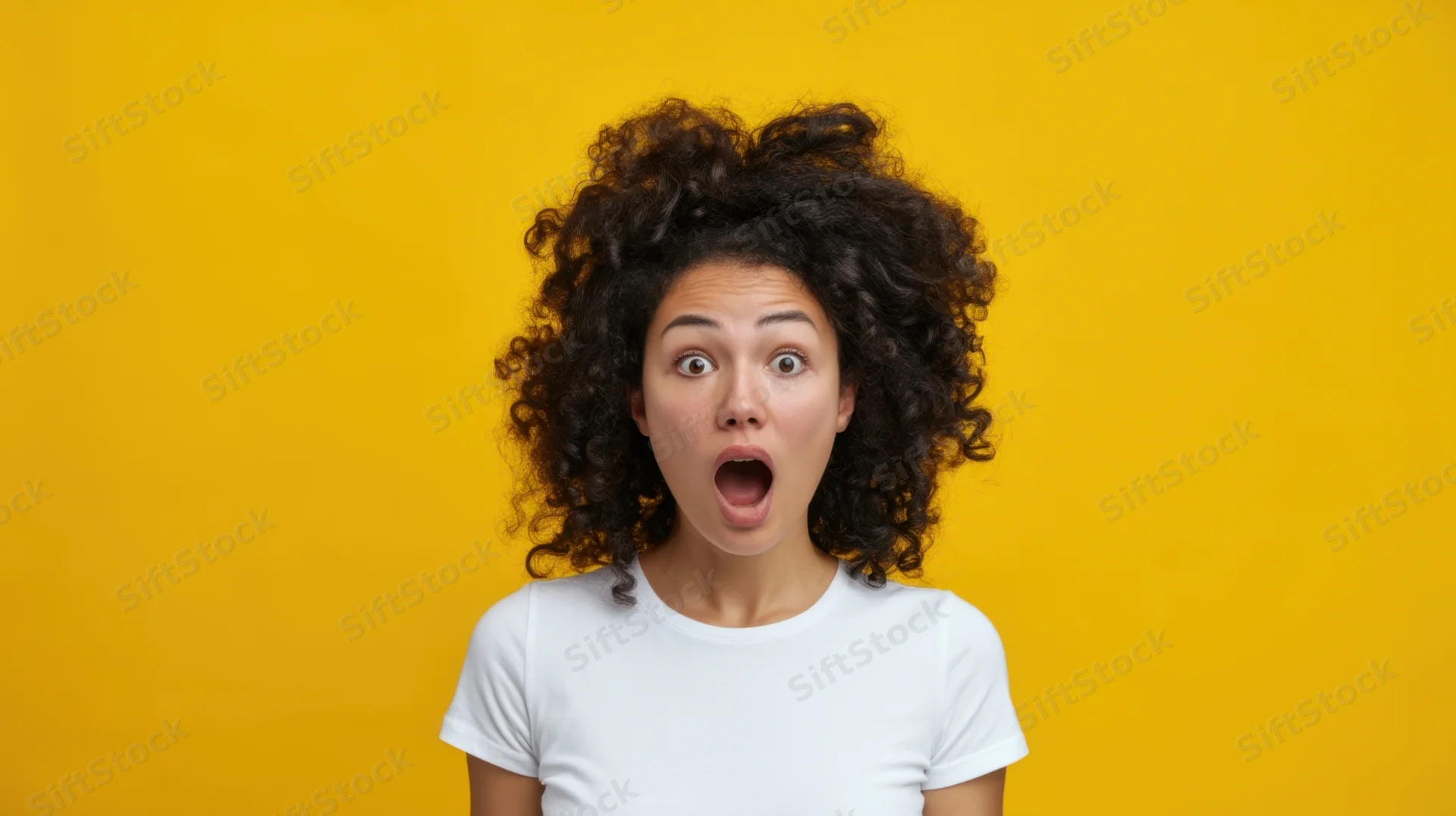 Young woman with curly hair showing surprised expression against yellow background