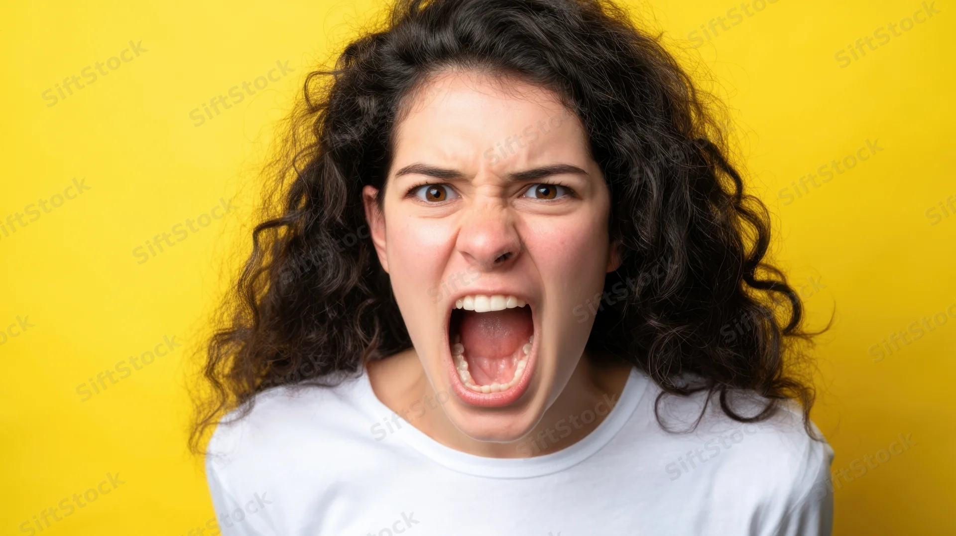 Young woman screaming with intense angry expression against yellow background