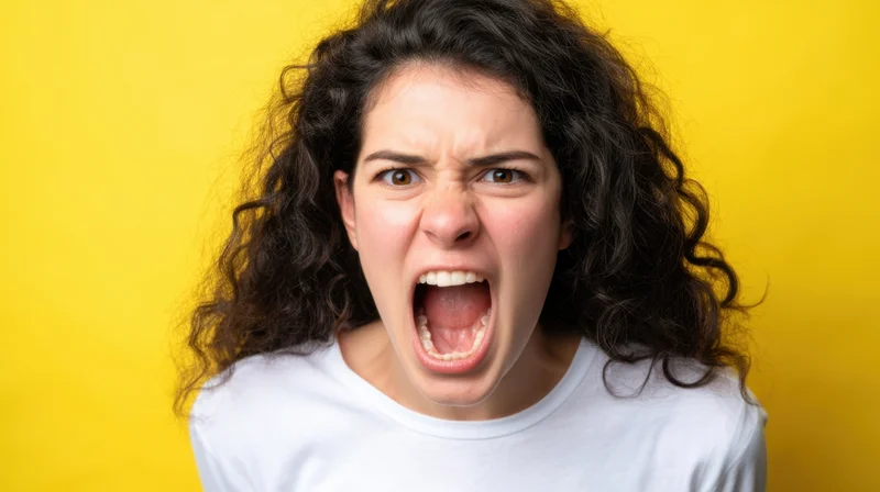 Young woman screaming with intense angry expression against yellow background