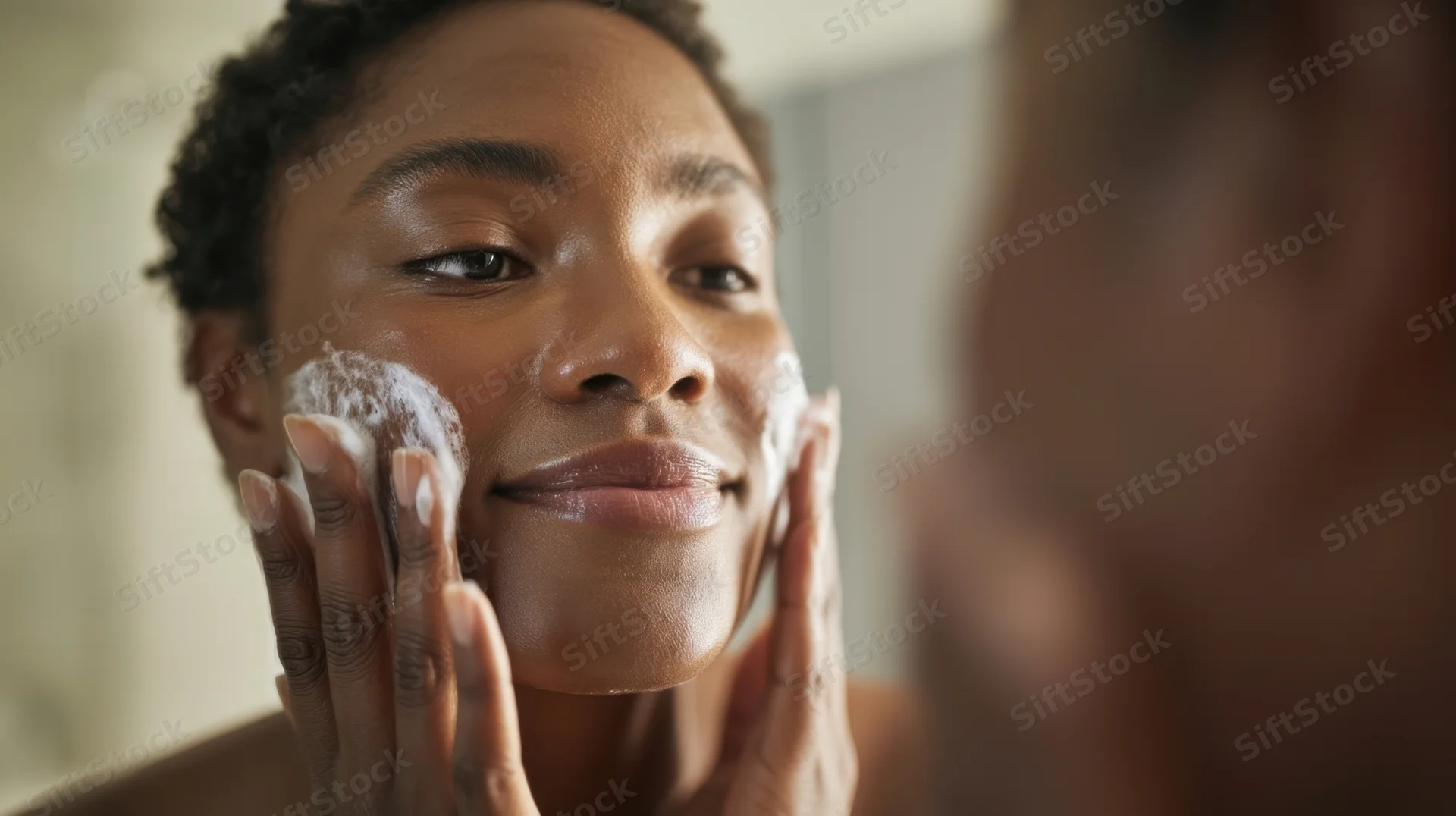 Young woman applying foaming cleanser to her face in front of mirror