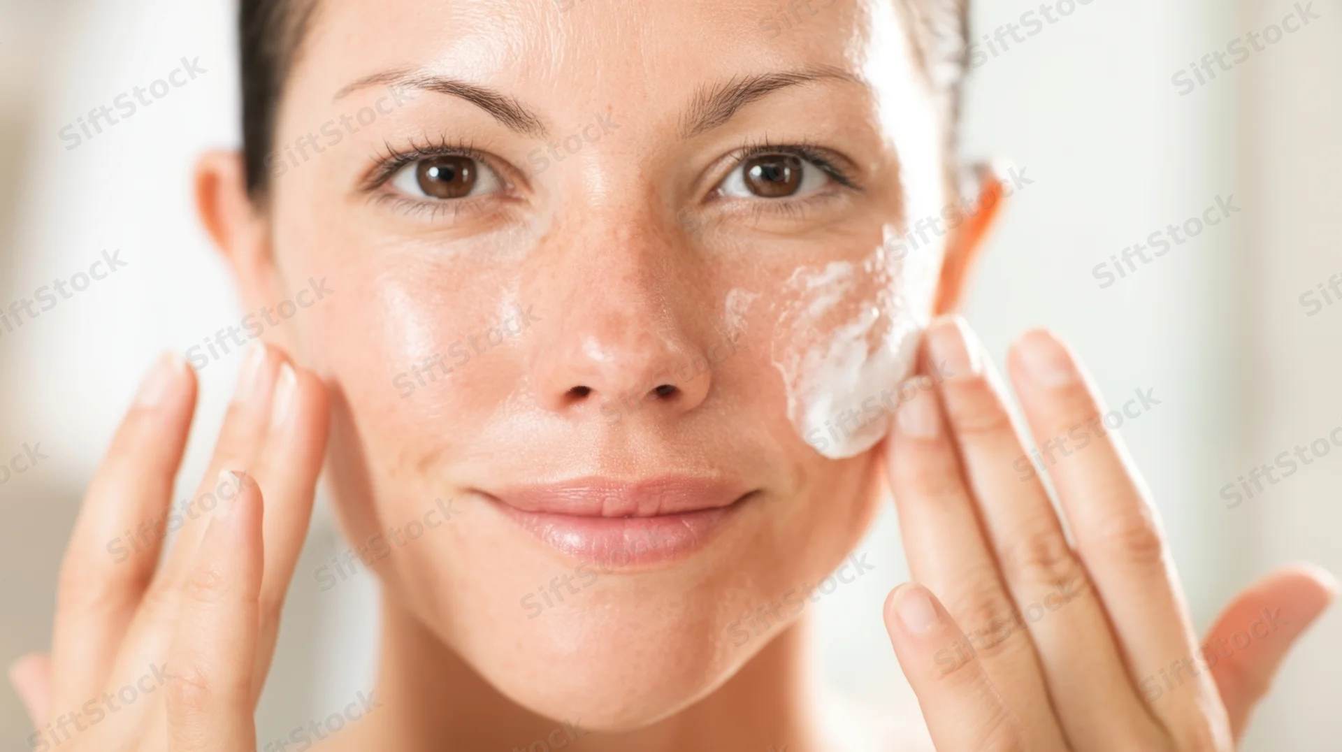 Young woman applying foamy cleanser to her face in a bathroom setting