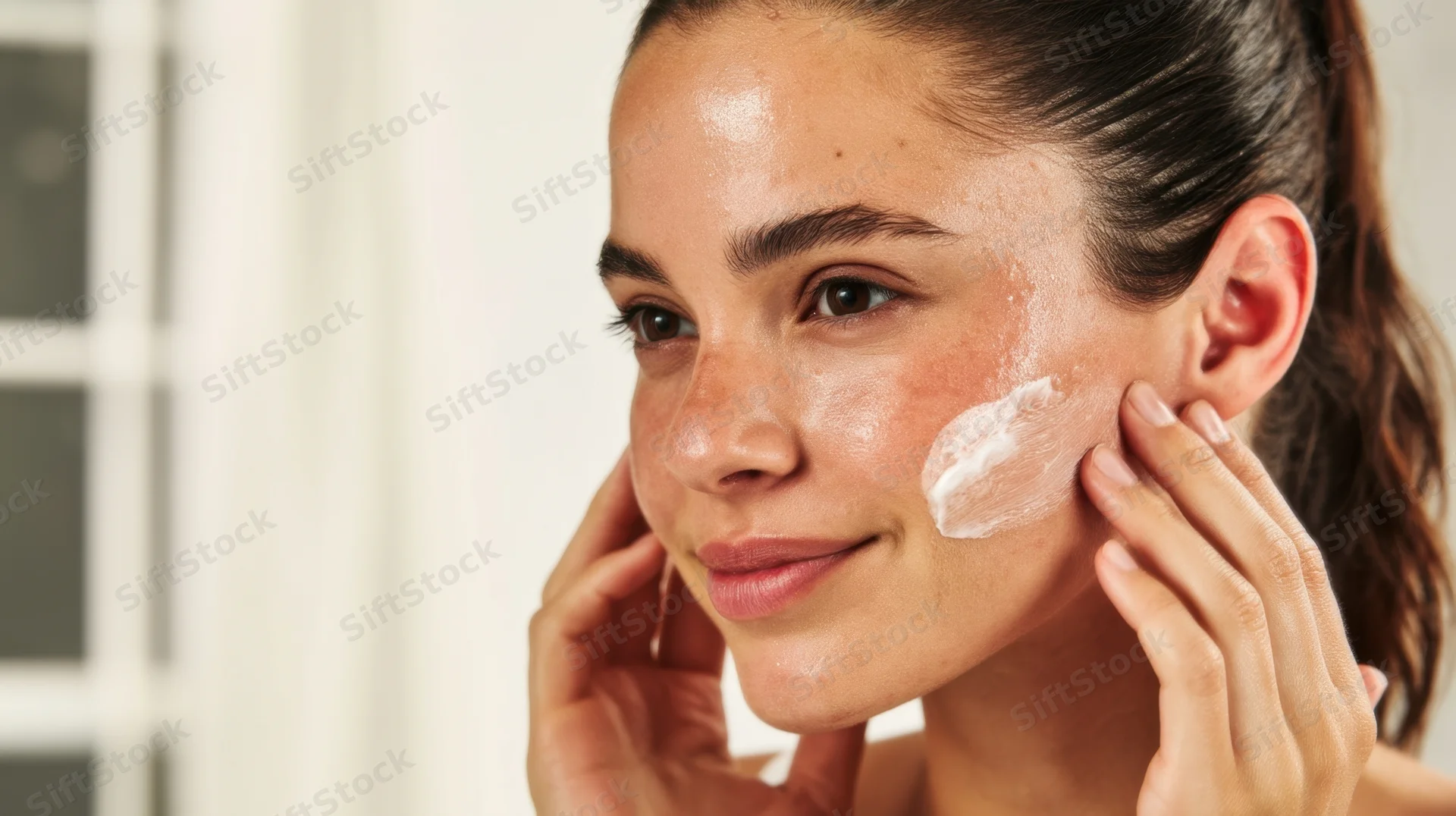 Young woman applying cream to her face indoors