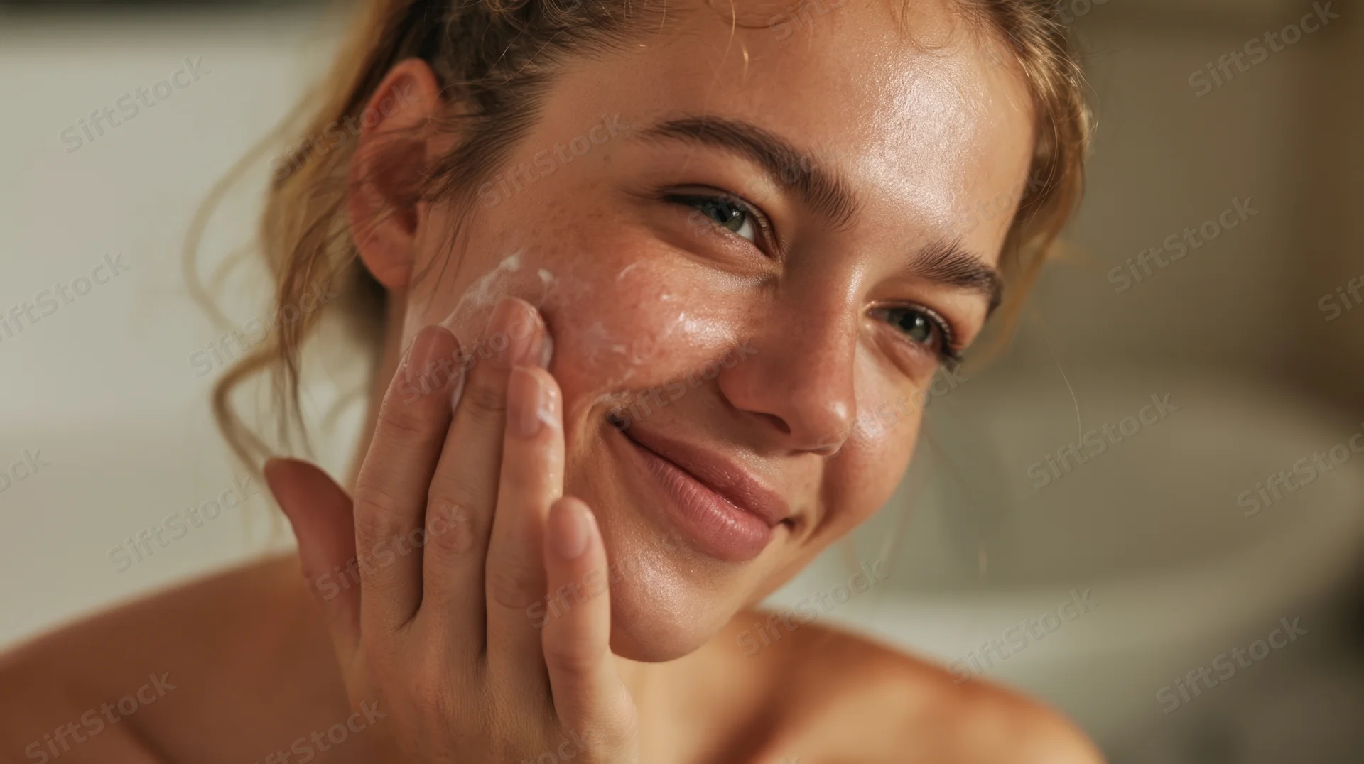 Young woman applying cream to her face in bathroom