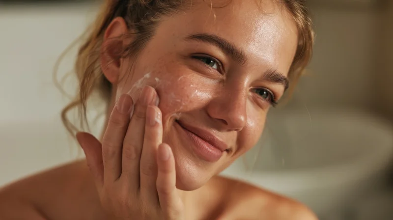 Young woman applying cream to her face in bathroom