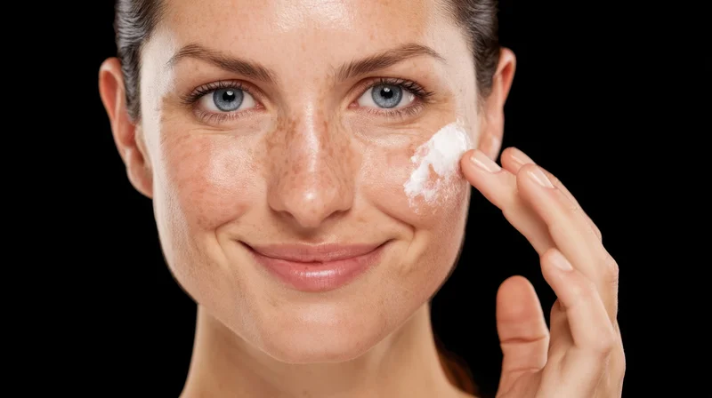 Young woman applying cream to her cheek against black background