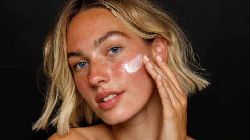 Young woman applying cream to her cheek against black background