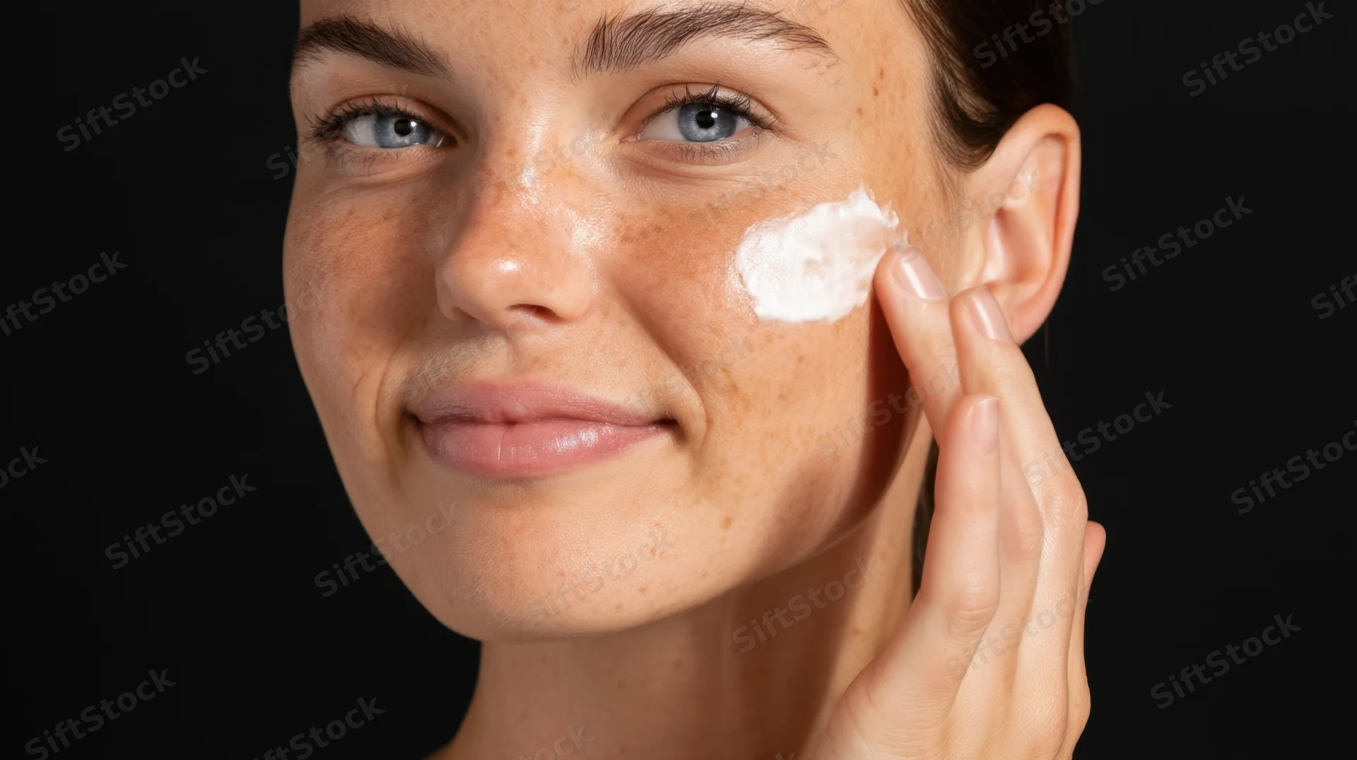 Young woman applying cream to her face against black background