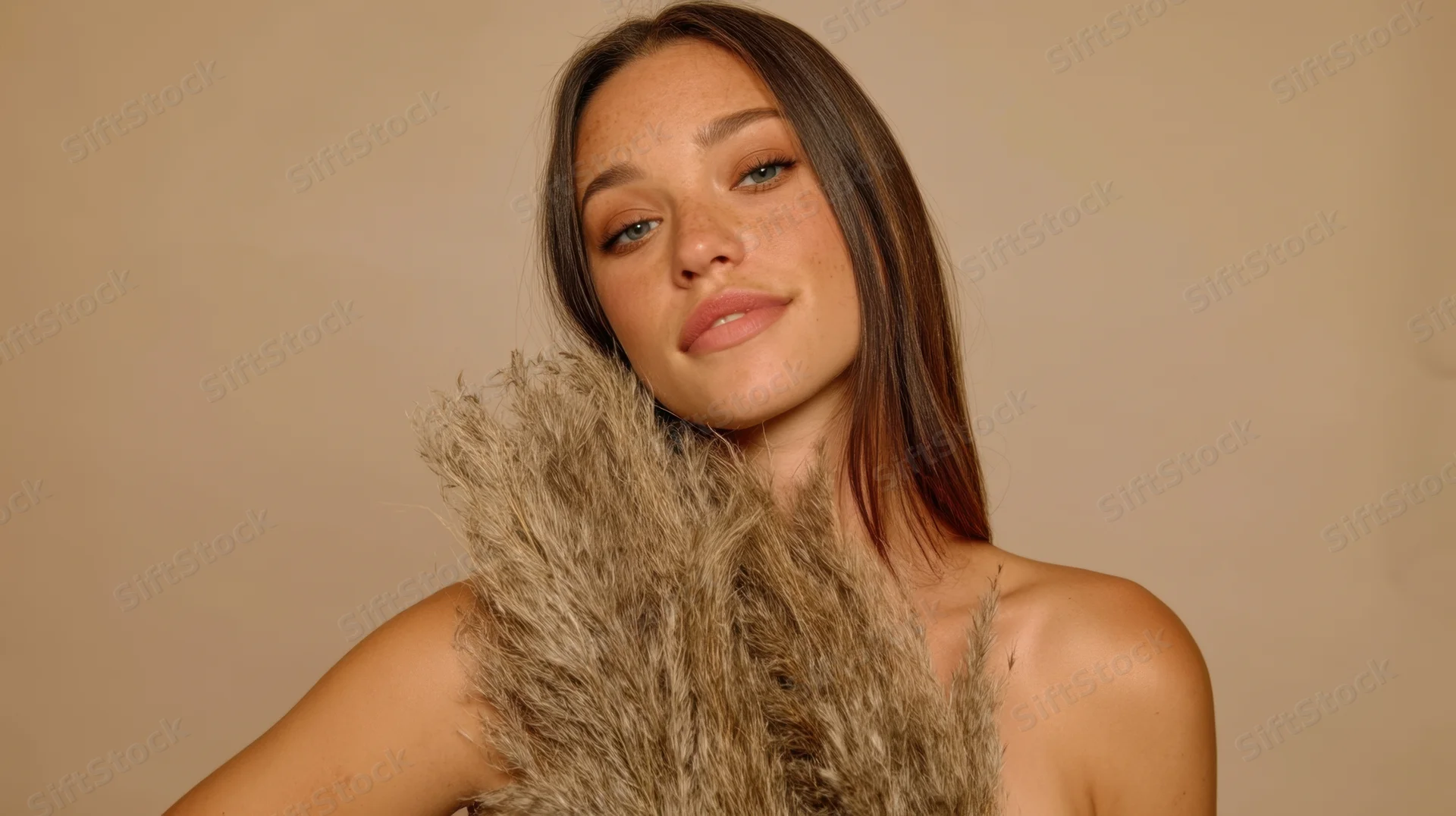 Young woman holding pampas grass in studio portrait with neutral background