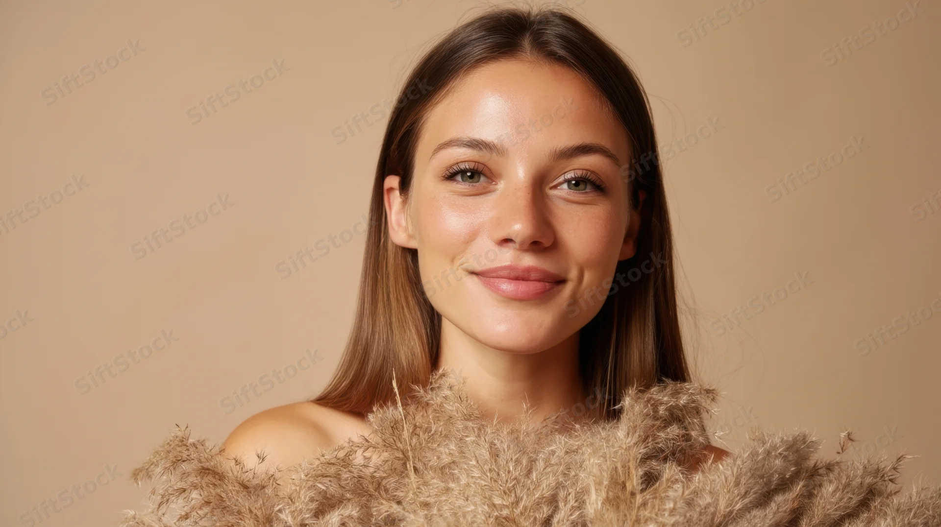 Young woman smiling with soft brown hair and beige feathered garment in studio portrait