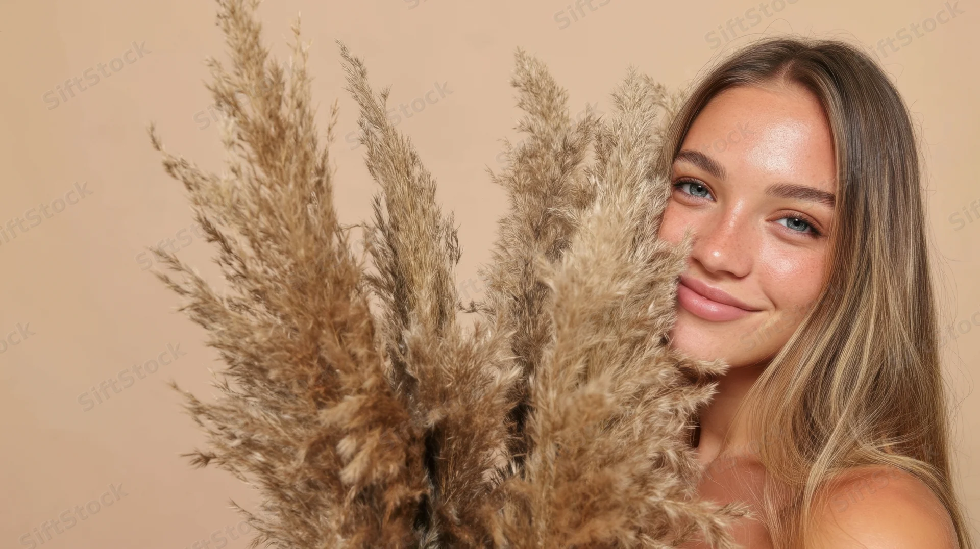 Young woman smiling with pampas grass bouquet in studio setting