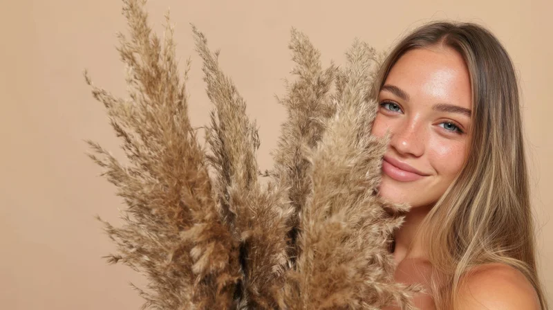 Young woman smiling with pampas grass bouquet in studio setting