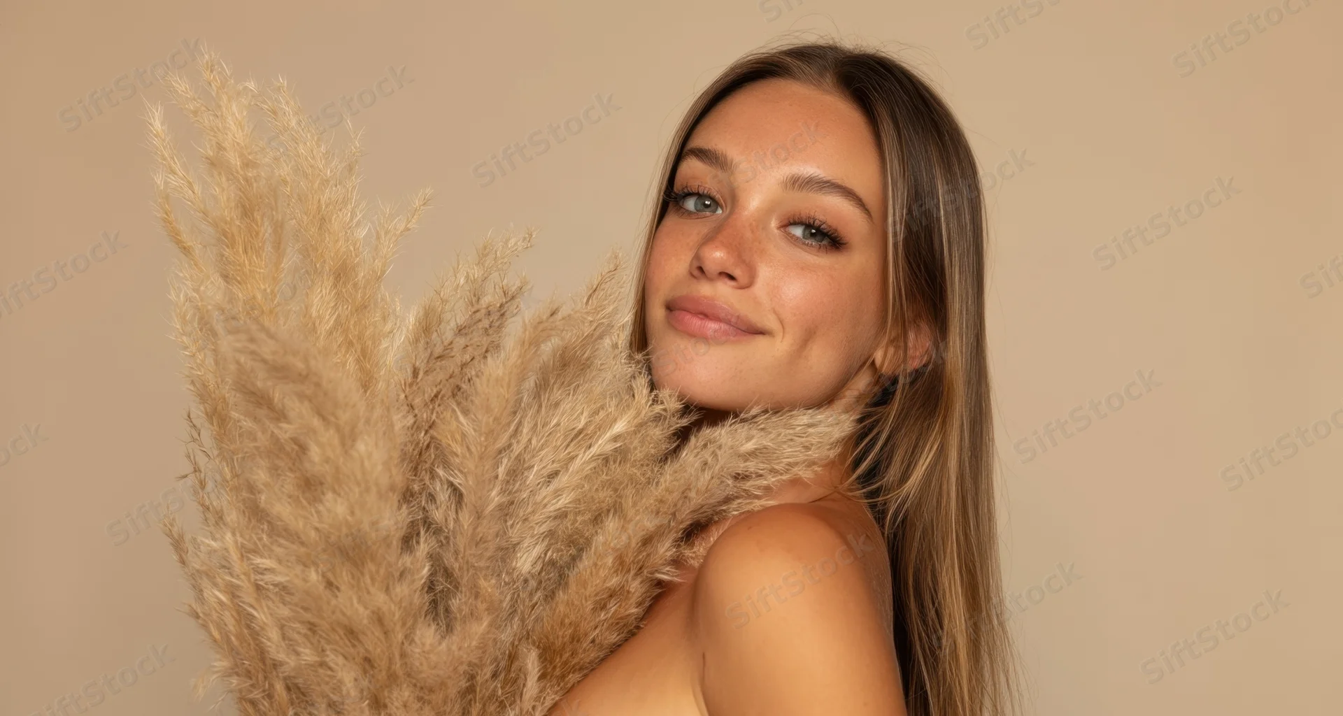 Young woman smiling with pampas grass over her shoulder in studio setting