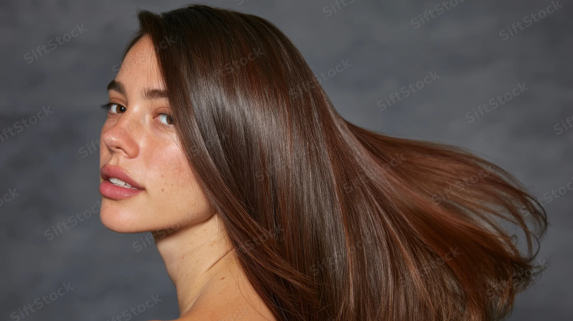 Young woman with long flowing brown hair in side profile against gray backdrop
