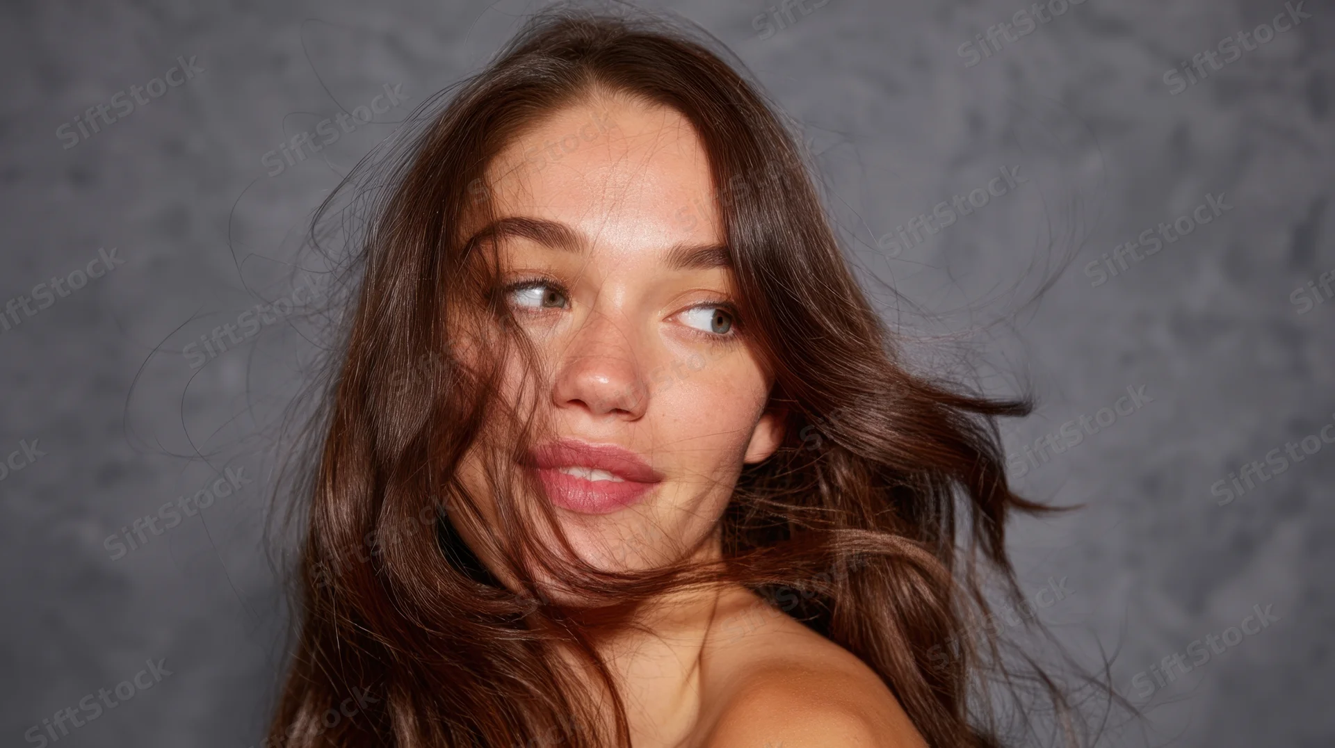 Young woman with long flowing brown hair looking to the side in studio portrait