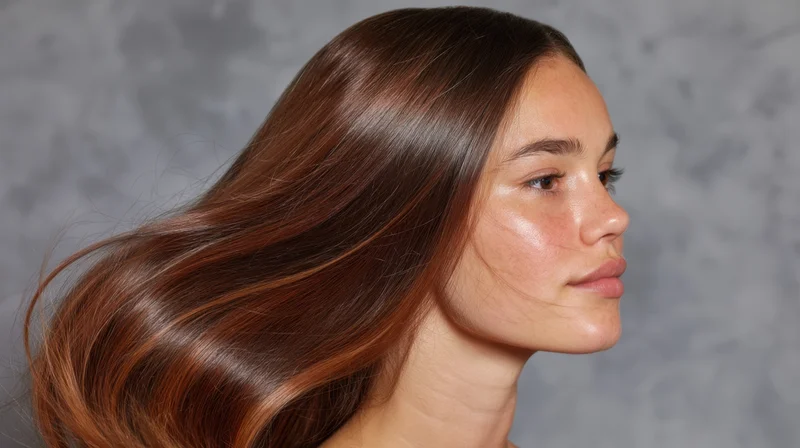 Young woman with long flowing brown hair in profile view against gray background