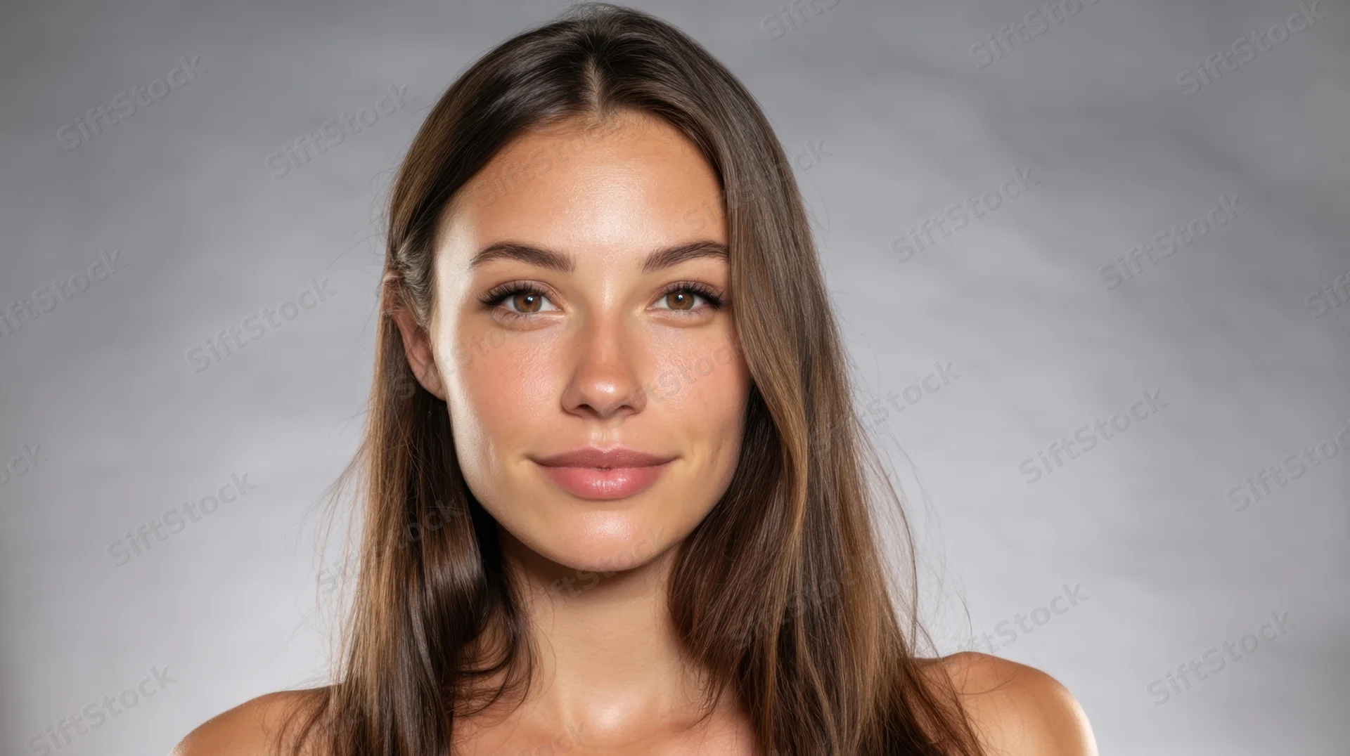 Young woman with smooth skin and long brown hair in studio portrait