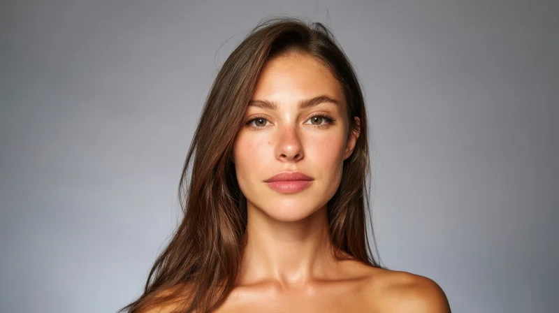 Young woman with long brown hair and clear skin in studio portrait