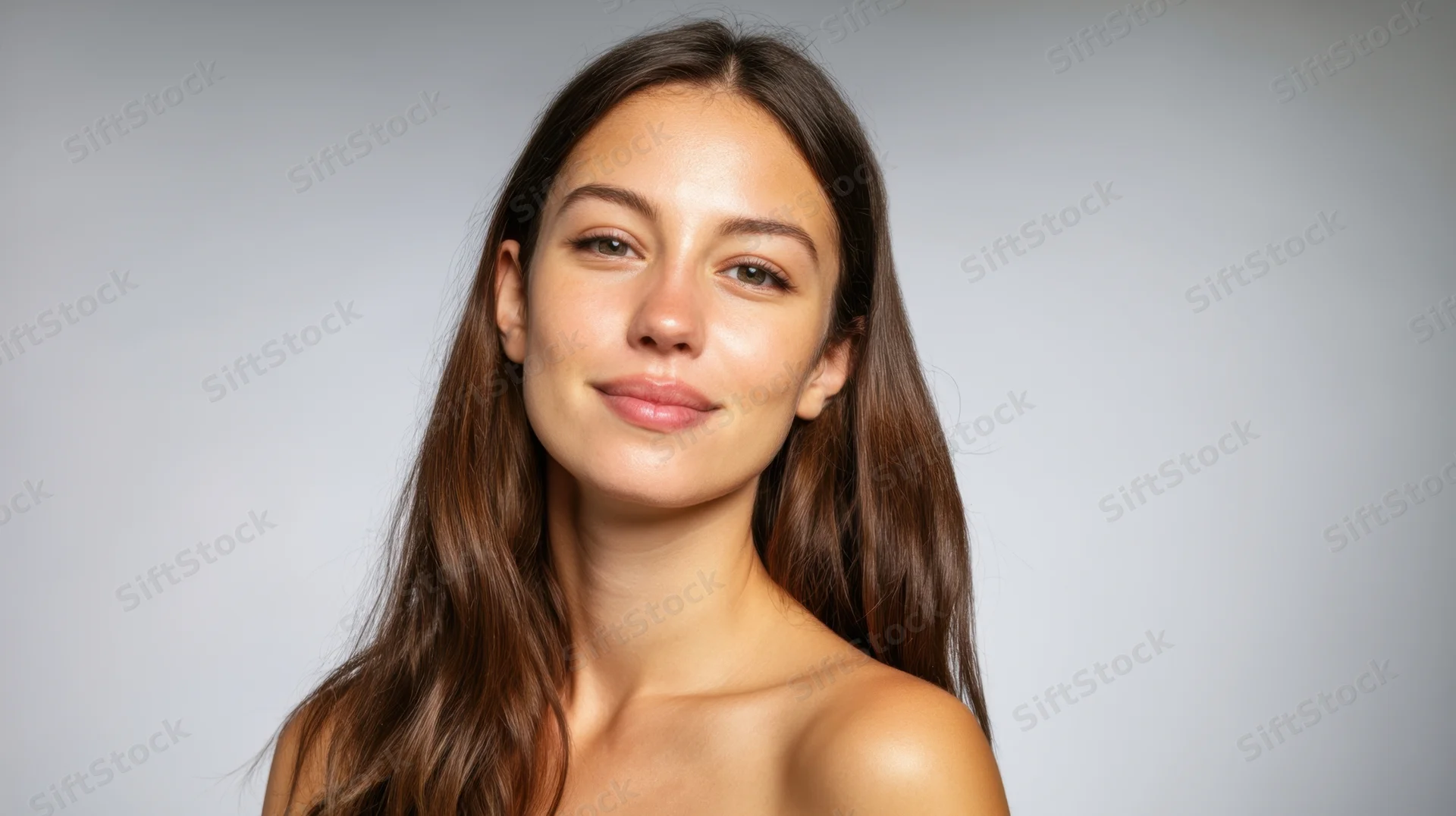 Young woman with long brown hair smiling softly in studio portrait