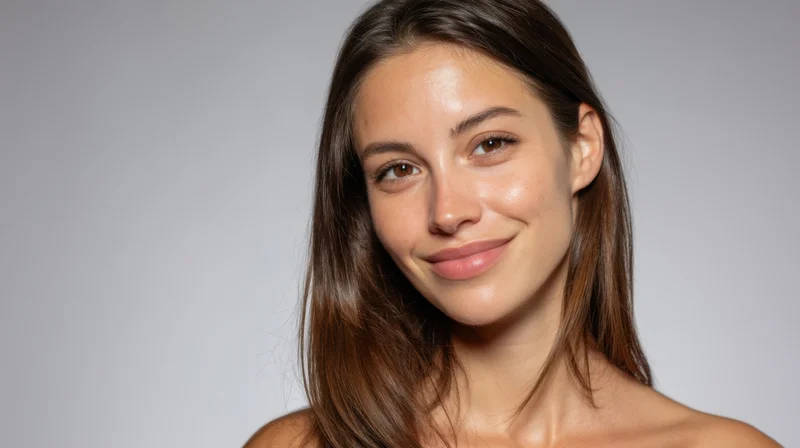 Young woman smiling in close-up portrait with bare shoulders against gray background