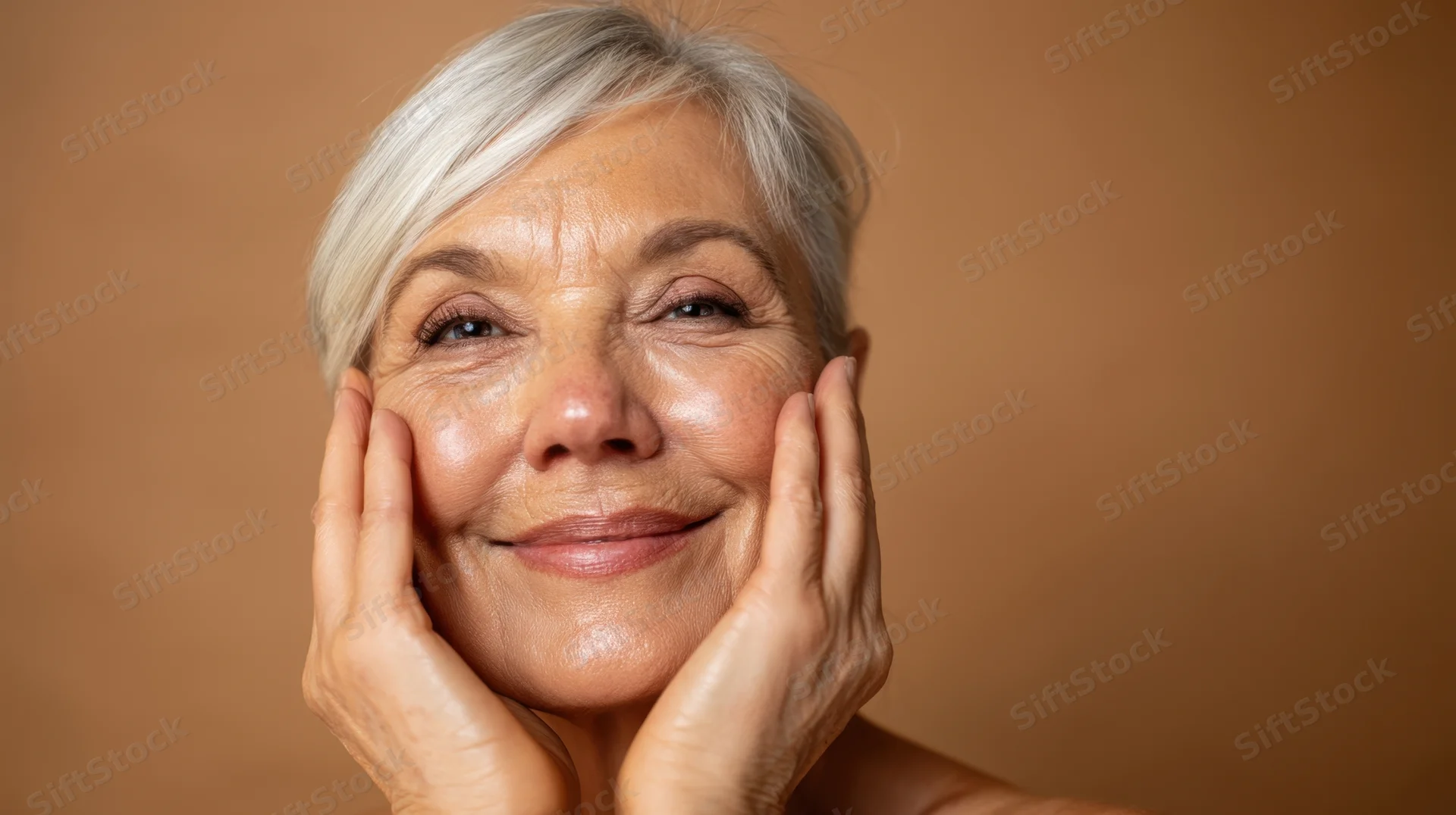 Senior woman smiling with hands on her face against a warm brown background