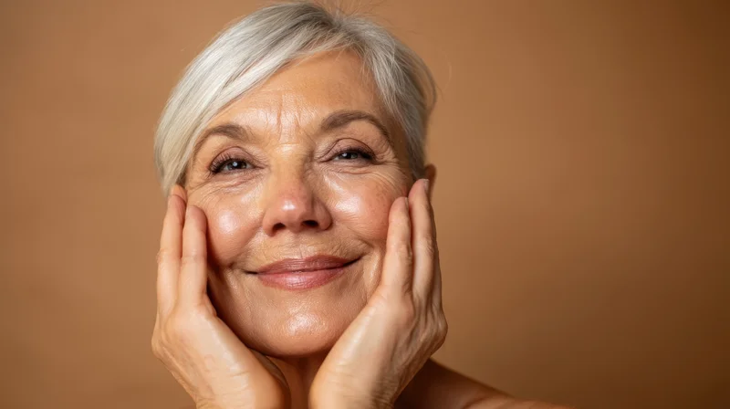 Senior woman smiling with hands on her face against a warm brown background