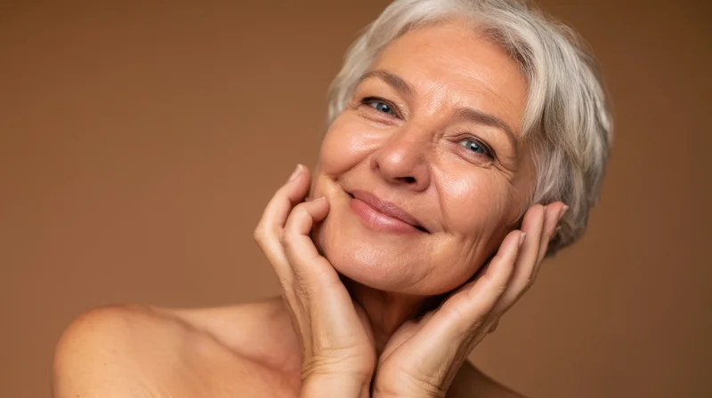 Senior woman smiling with hands on her face in studio portrait