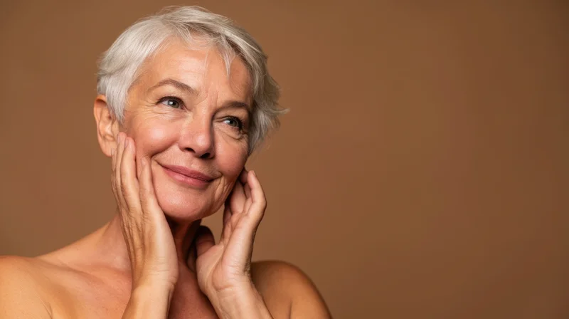 Senior woman smiling with hands on her face in studio portrait