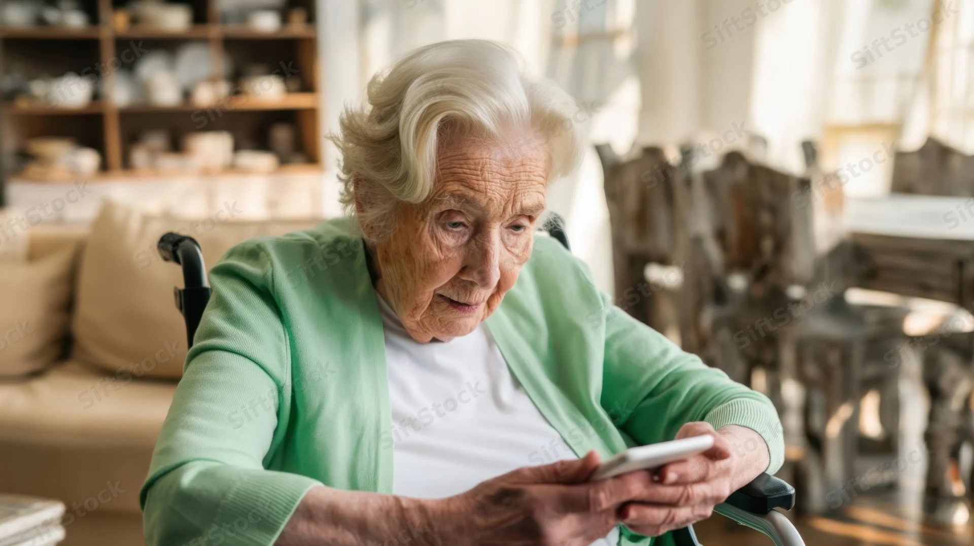 Senior woman in wheelchair using smartphone at home