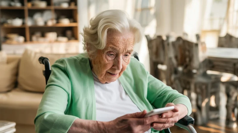Senior woman in wheelchair using smartphone at home