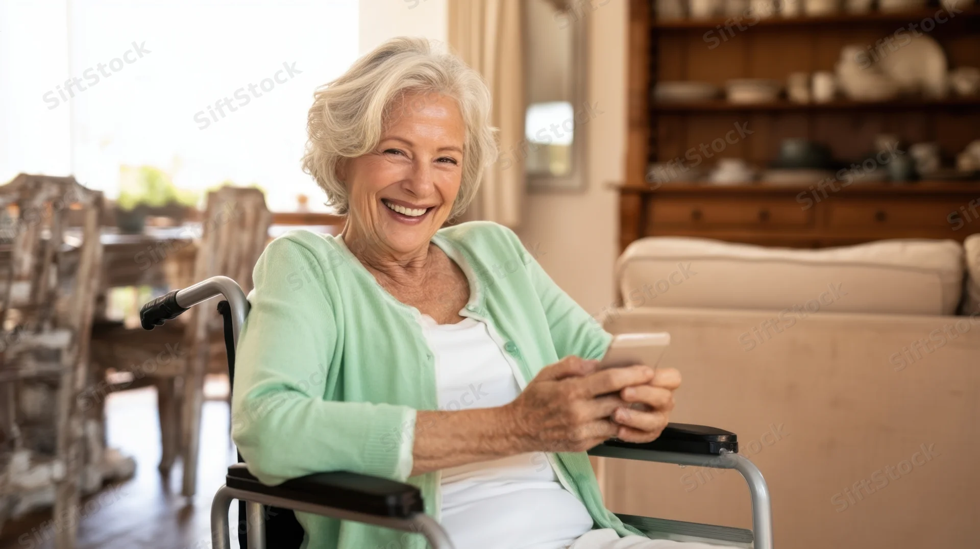 Senior woman smiling while using smartphone in wheelchair at home