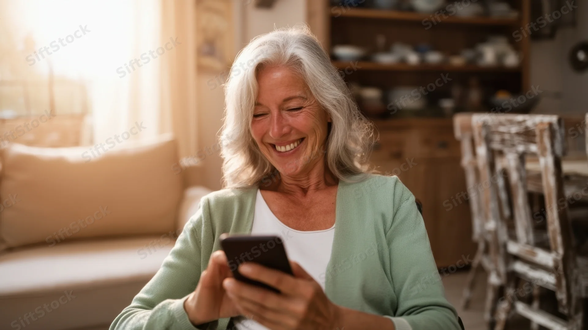 Senior woman smiling while using smartphone in living room
